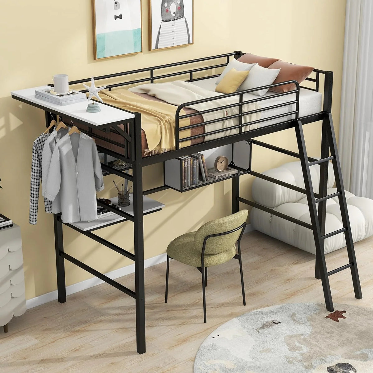 Heavy-Duty Black Loft Bed Frame with Storage Shelves P11201