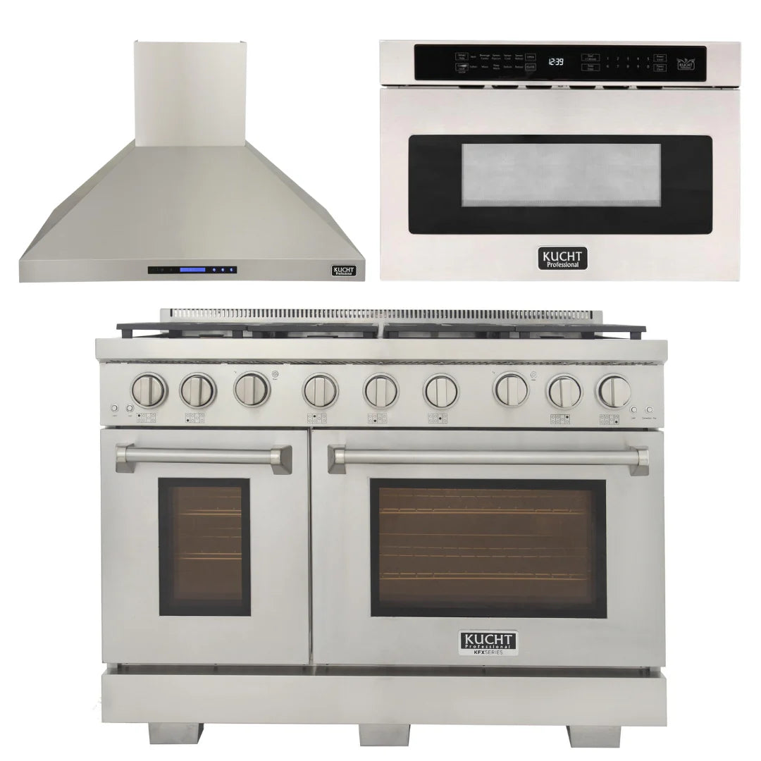 48 inch Gas Range, Wall Range Hood, Microwave Drawer Y816957