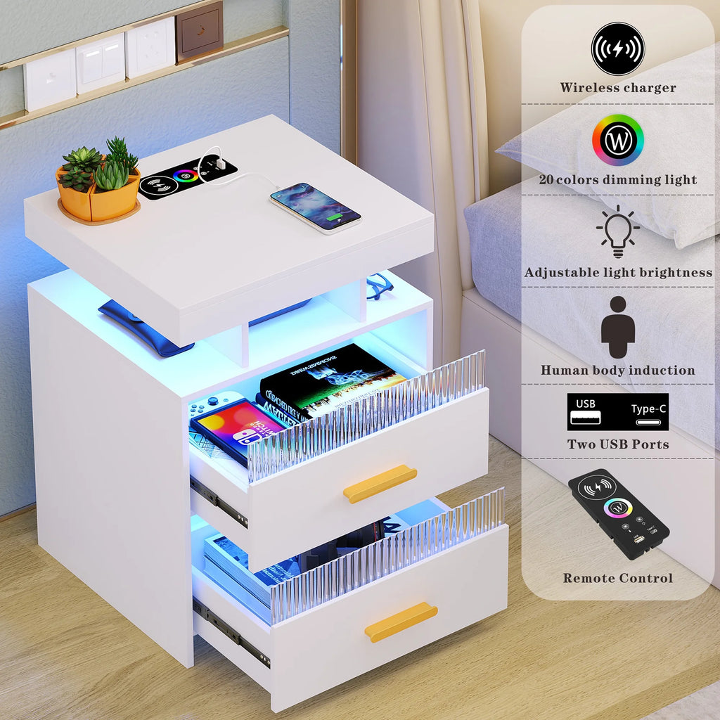 White Modern Nightstand with Wireless Charging Station and USB Port M258796