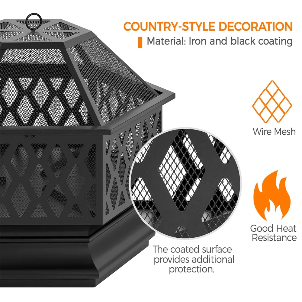 Black Hex-Shaped Steel Wood Burning Fire Pit with Spark Screen & Fire Poker H309344