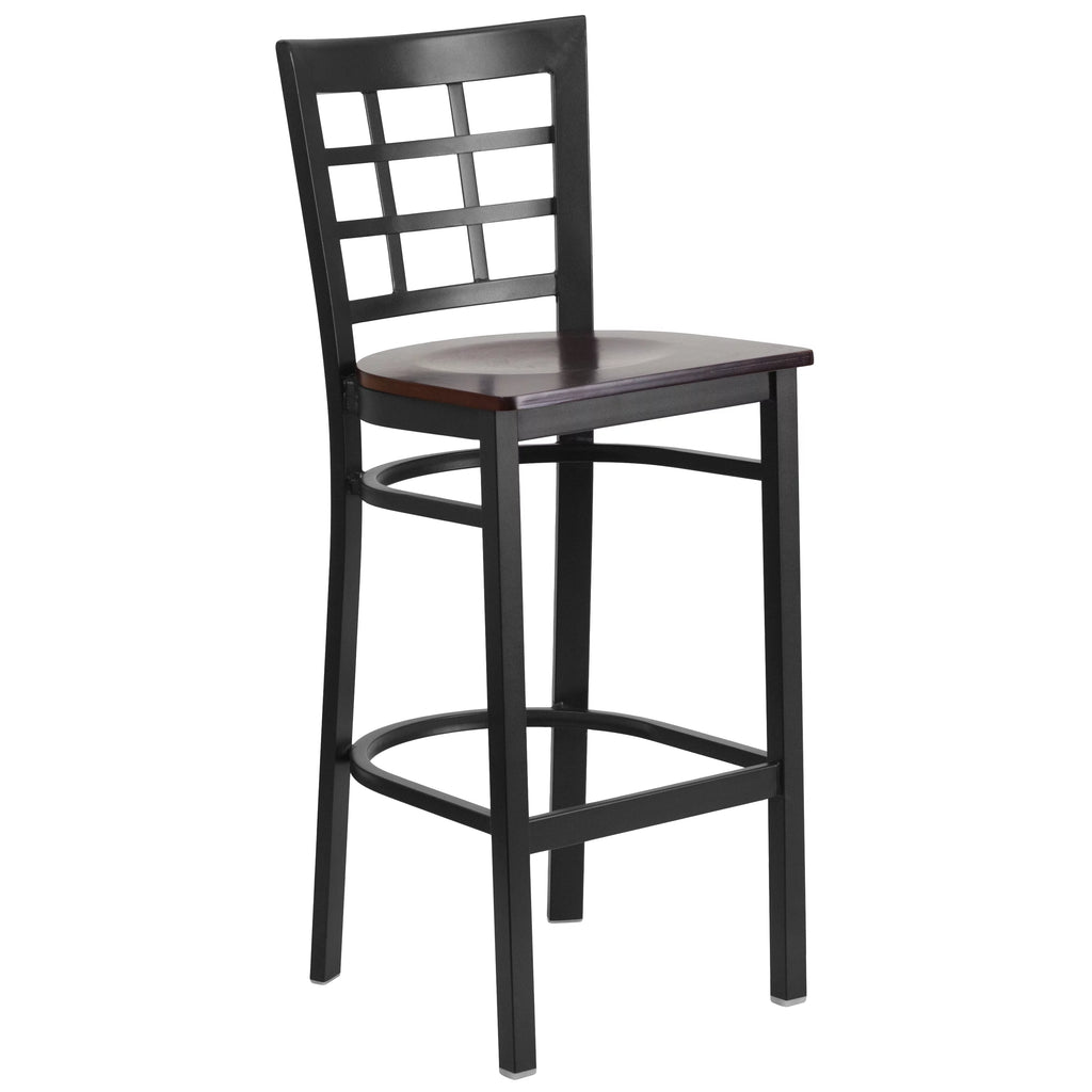 Black Window Back Metal Restaurant Barstool with Walnut Wood Seat Y908