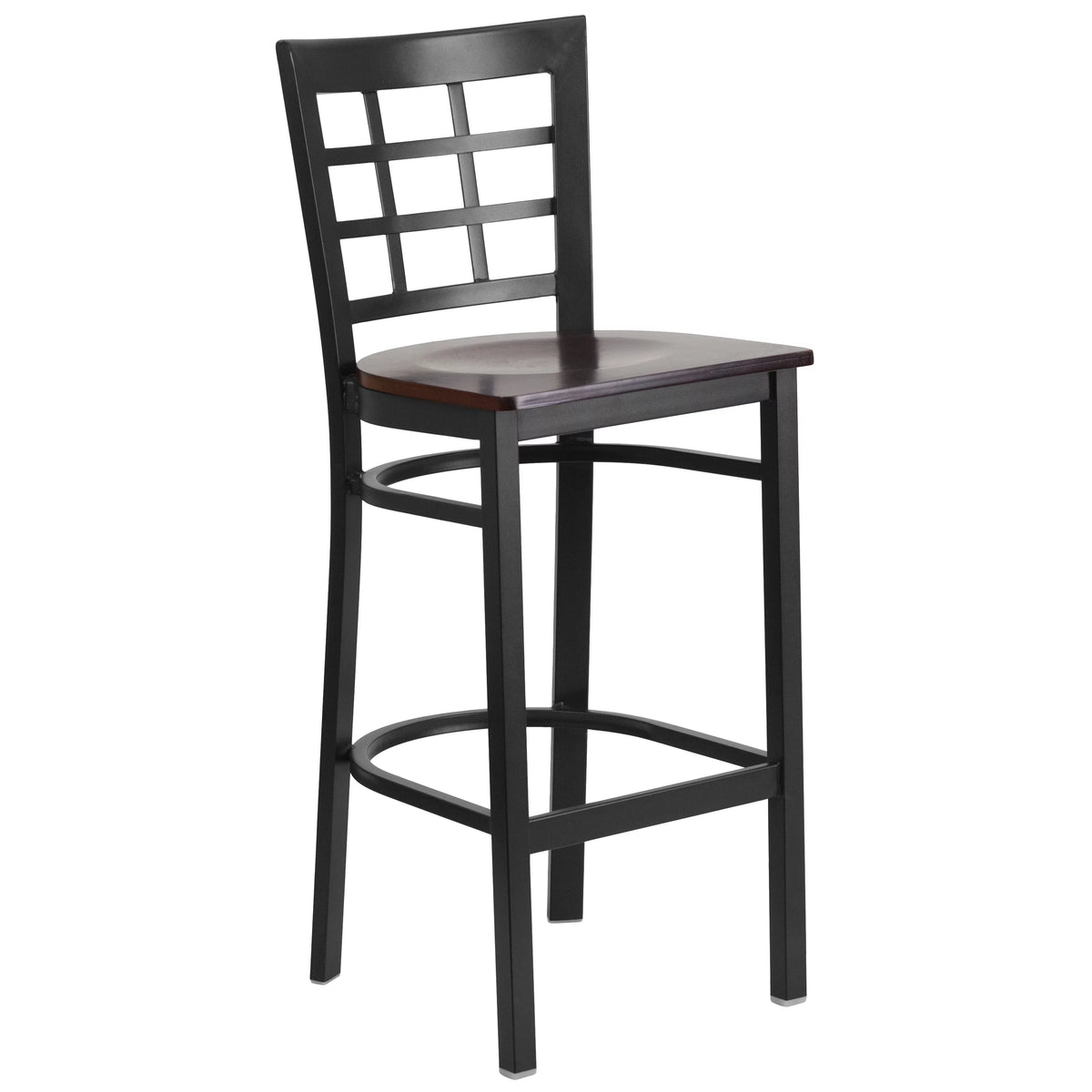 Black Window Back Metal Restaurant Barstool with Walnut Wood Seat Y908