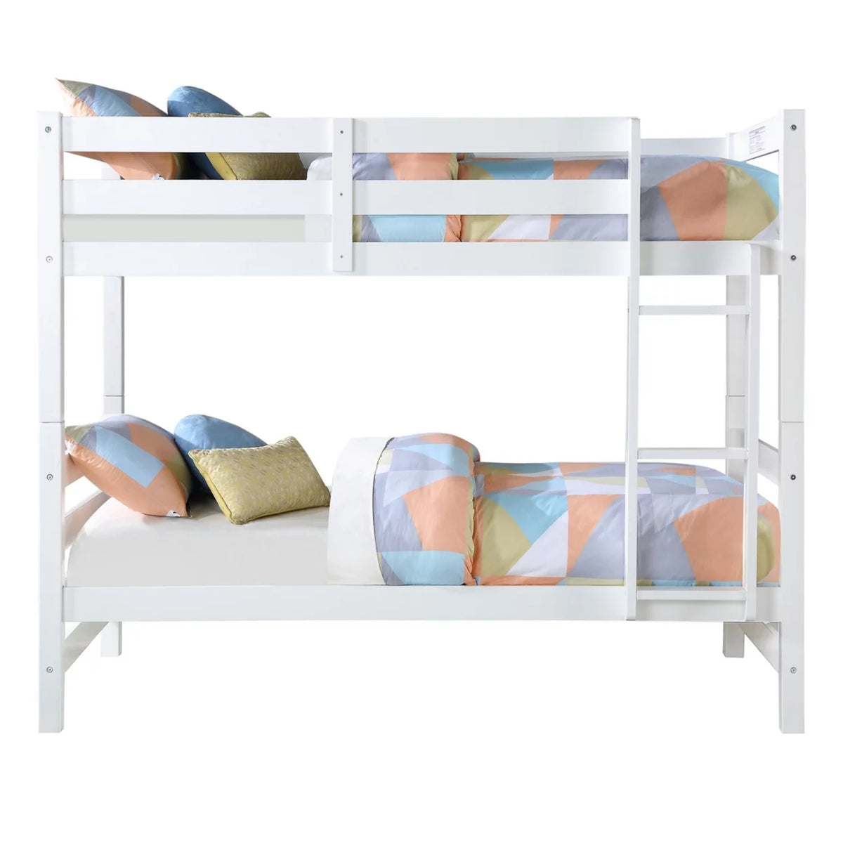 White Wooden Twin Over Twin Bunk Bed with Ladder B8086