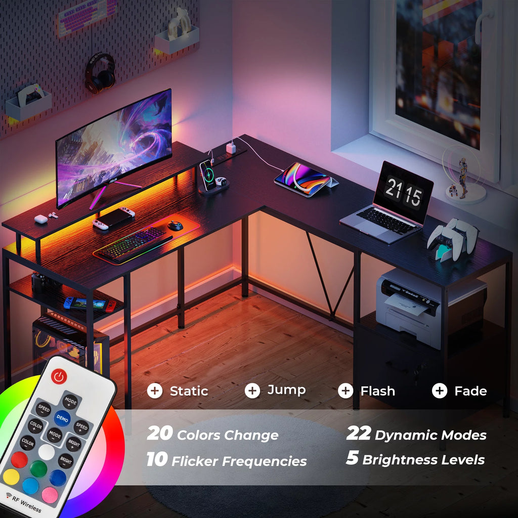 Black L Shaped Desk with Power Outlets & LED Lights O6457
