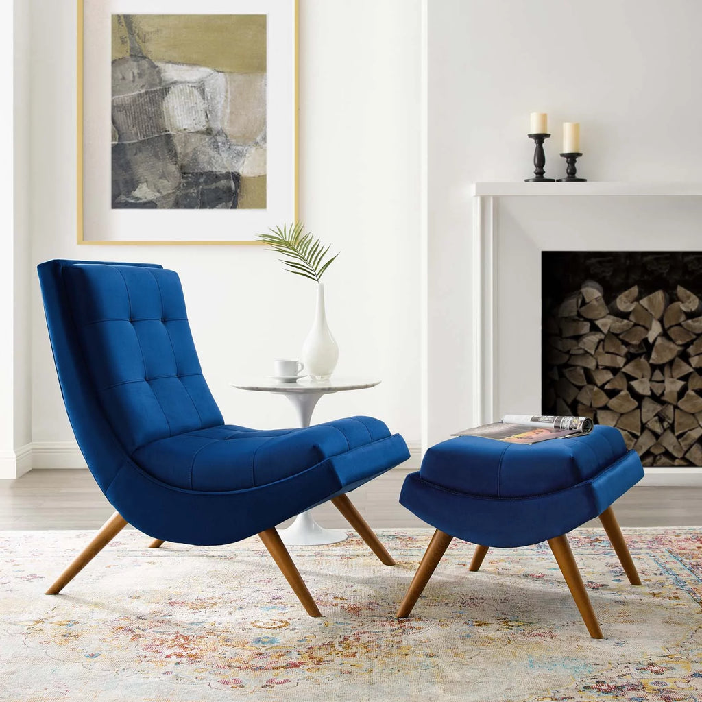 Navy Velvet Lounge Chair and Ottoman Set Z104456