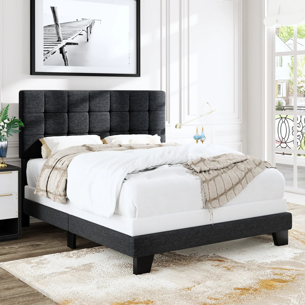 Queen Size Grey Upholstered Panel Platform Bed Frame O2562