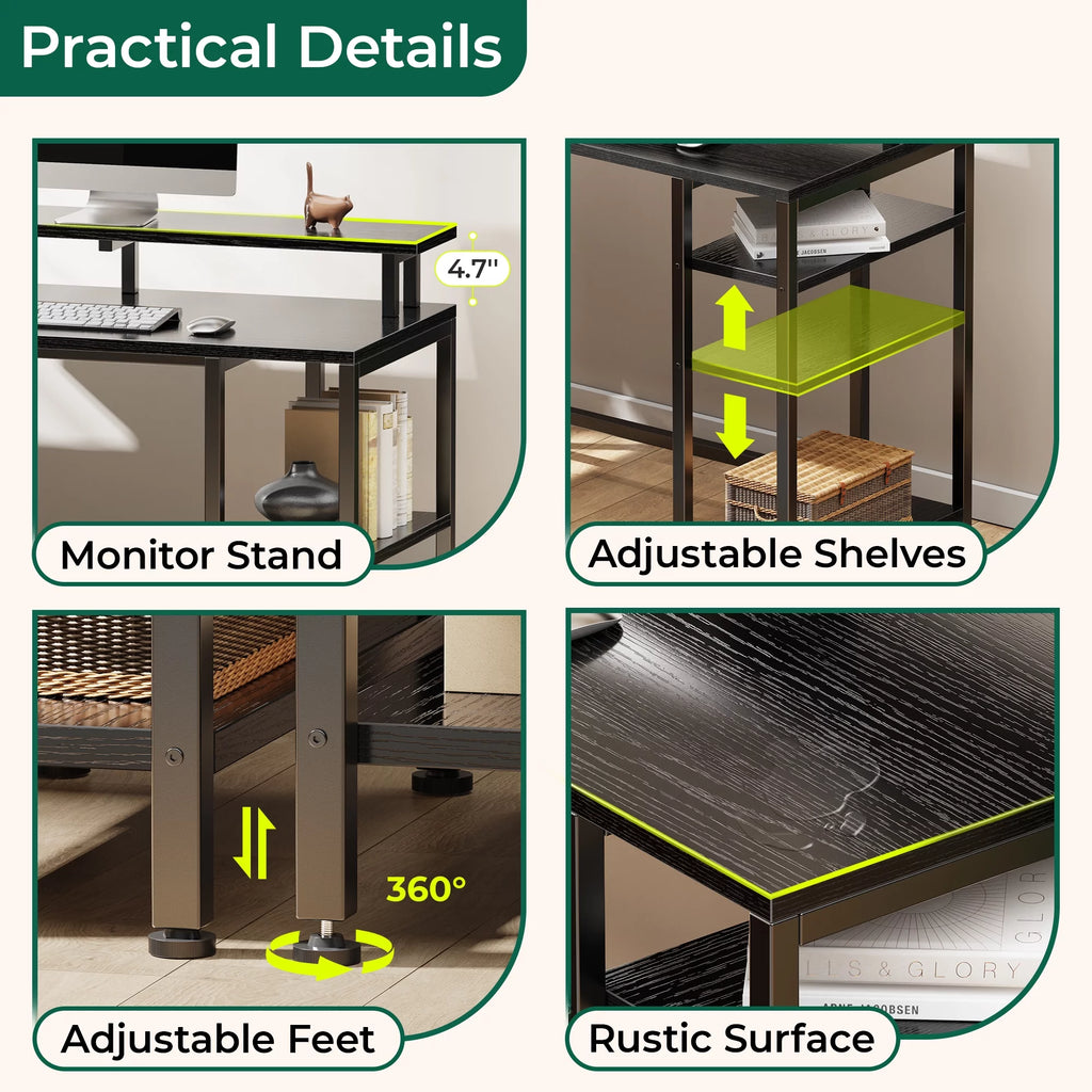 Black L Shaped Desk with Power Outlets & LED Lights O6457
