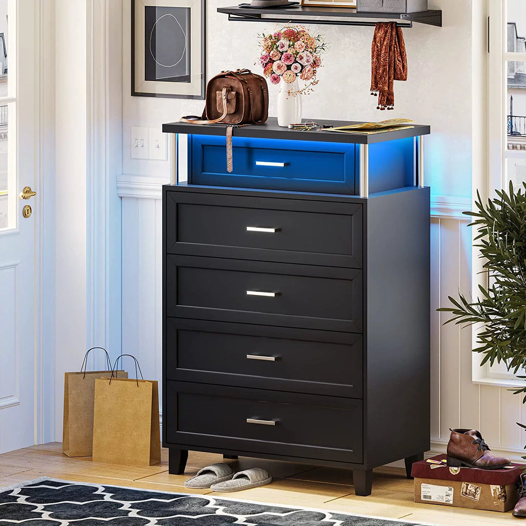 Black 5 Drawers Wood Dresser with LED Light R898