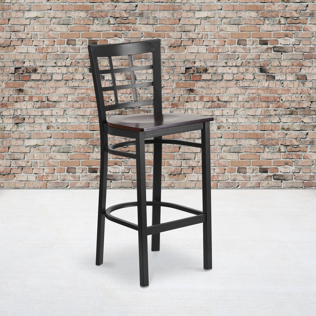 Black Window Back Metal Restaurant Barstool with Walnut Wood Seat Y908
