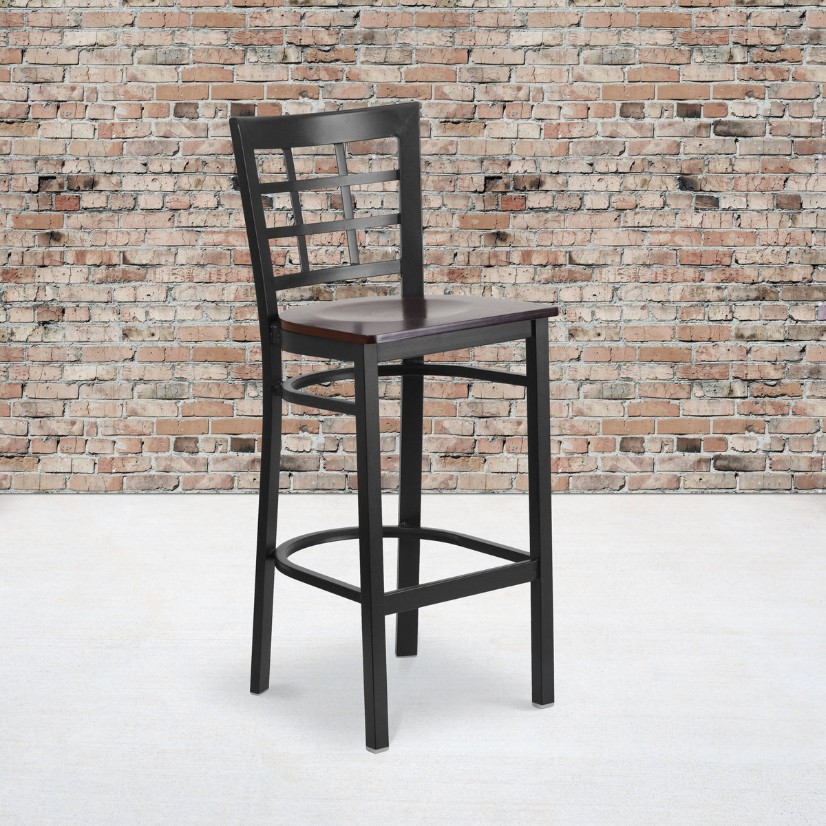 Black Window Back Metal Restaurant Barstool with Walnut Wood Seat Y908