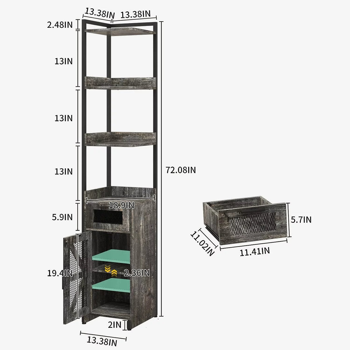 Grey 7-Tier Corner Cabinet with Drawer X737856