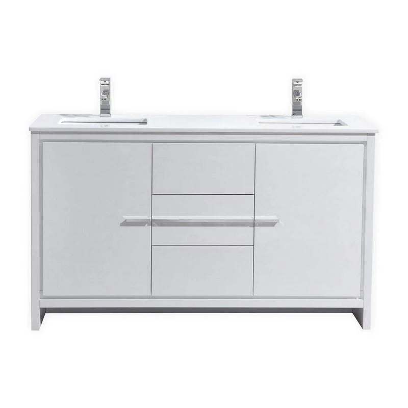 60 in. Double Sink High Gloss White Bathroom Vanity with White Quartz Counter Top Q27587
