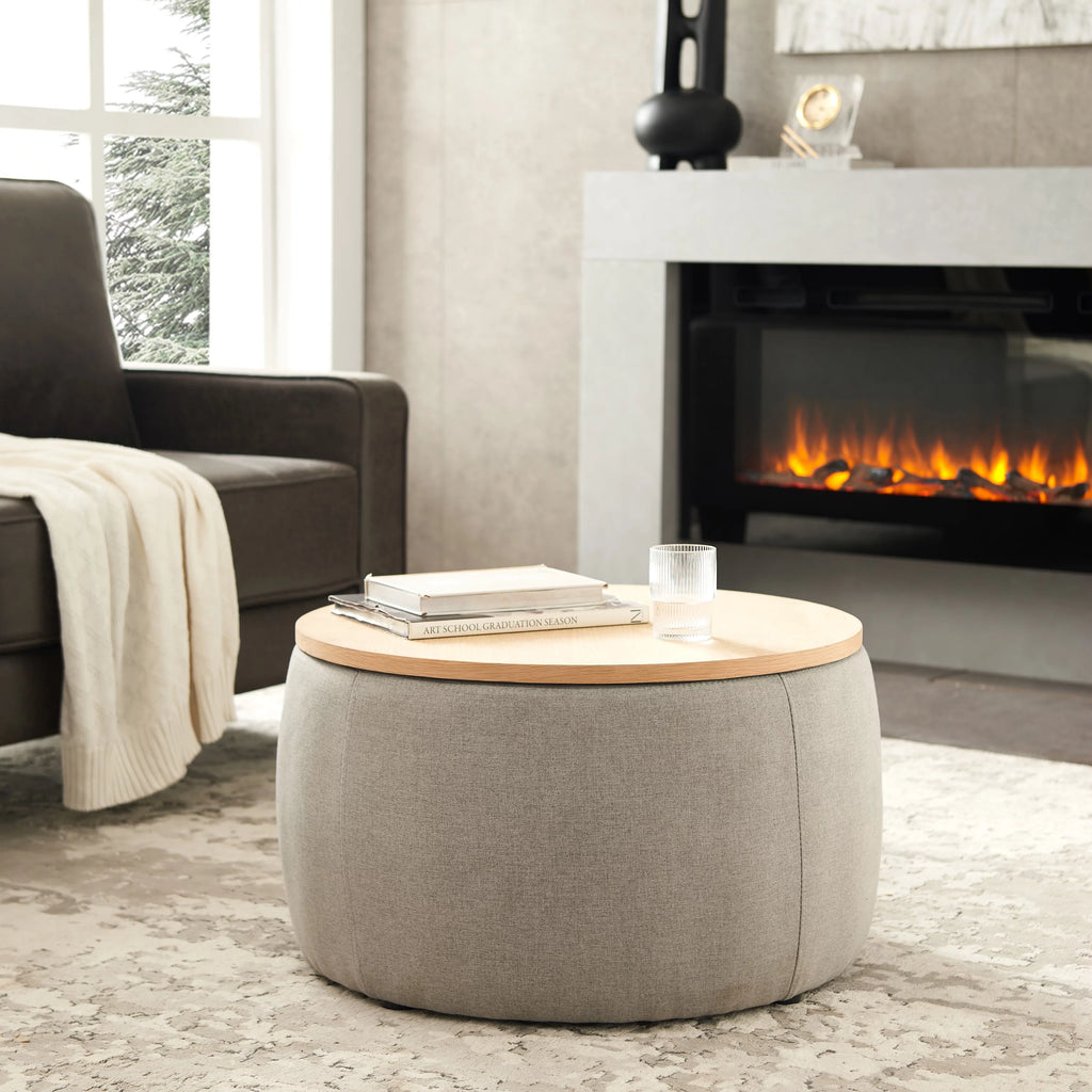 Grey Round Storage Ottoman with Wood Tray G947037