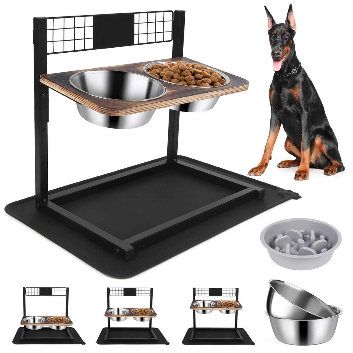 Metal Elevated Dog Bowls with Slow Feeder and Spillproof Mat H6244