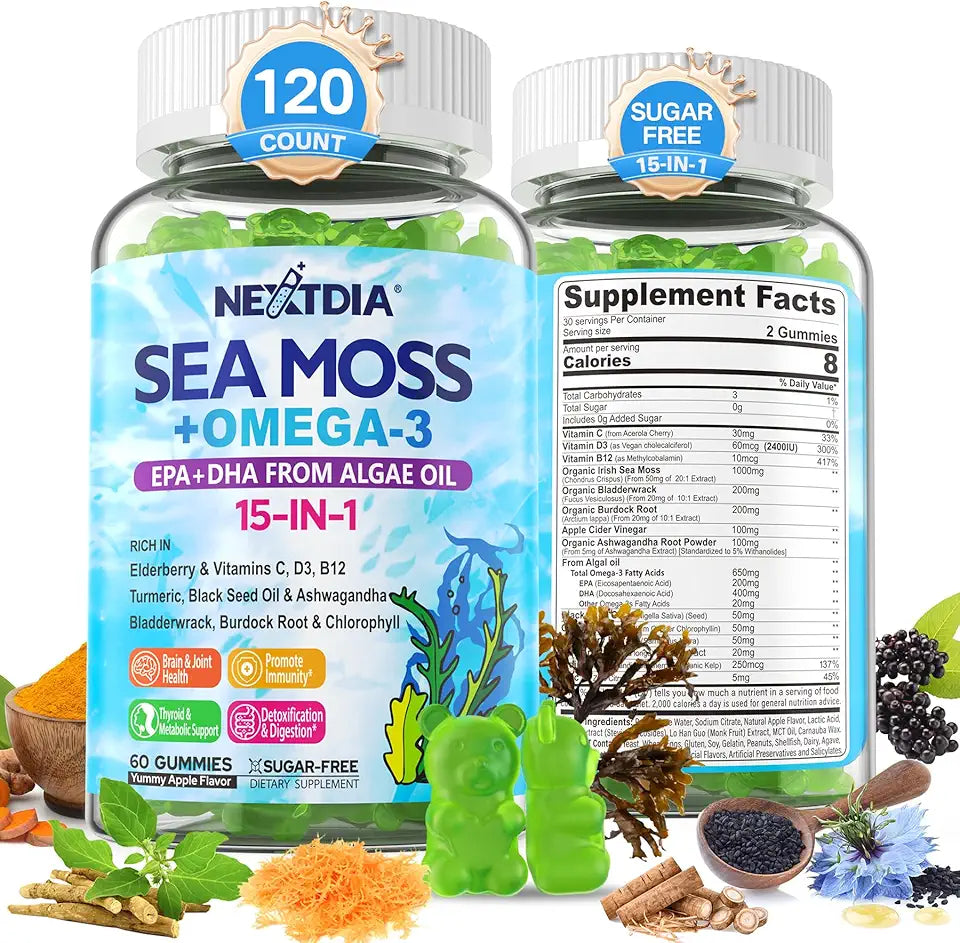 Sea Moss Gummies with Ashwagandha Turmeric Elderberry Vitamins D3 B12 Burdock Root Bladderwrack 120Cts O160