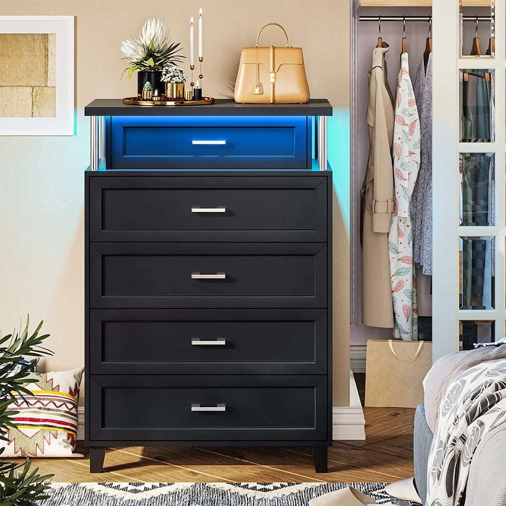 Black 5 Drawers Wood Dresser with LED Light R898