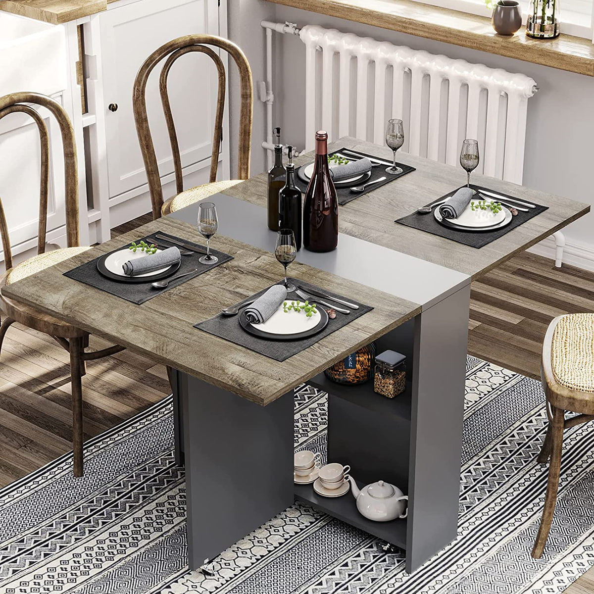 Folding Drop Leaf Dining Table with 6 Wheels and Storage Shelf N8613