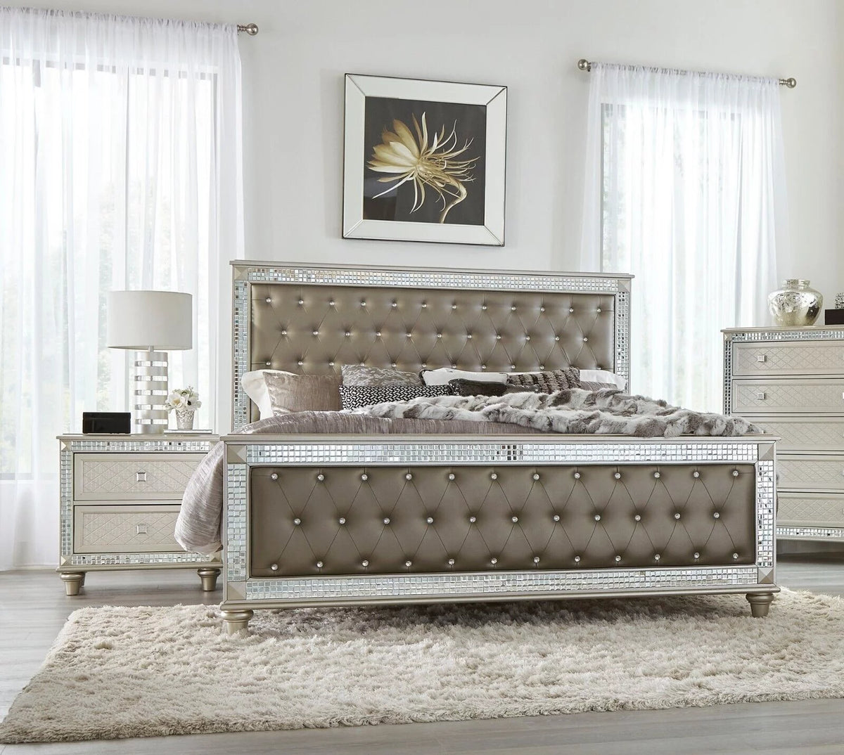 3pc King Bed Nightstands Upholstered Headboard Set Y26606