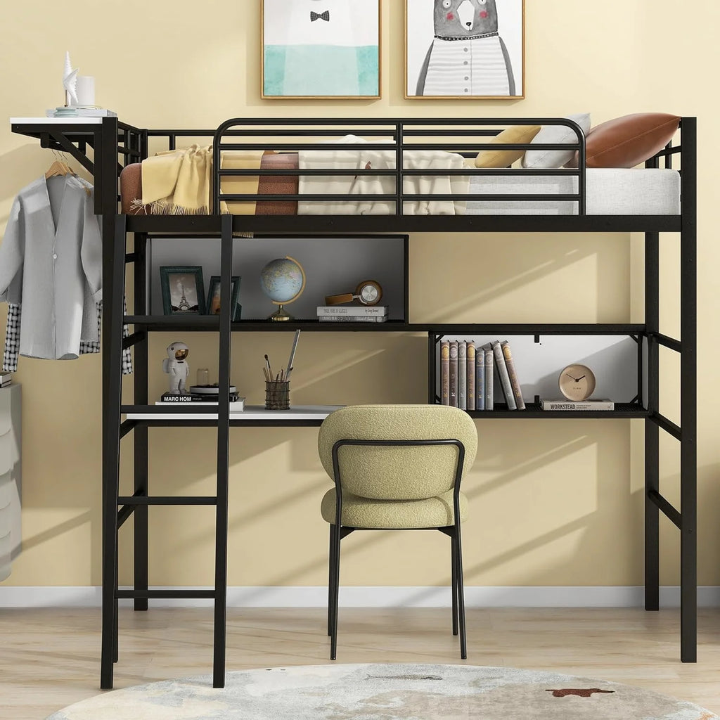 Heavy-Duty Black Loft Bed Frame with Storage Shelves P11201