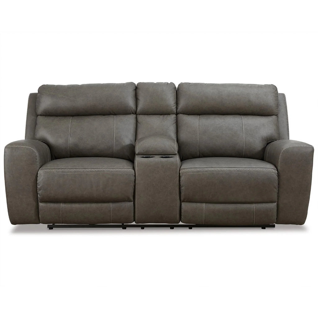 Gray Leather Power Reclining Loveseat V977378