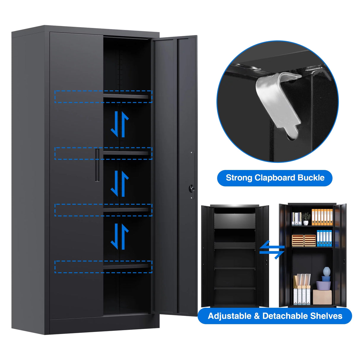 Black Metal Storage Cabinet with Lockable Doors and Shelves P90588