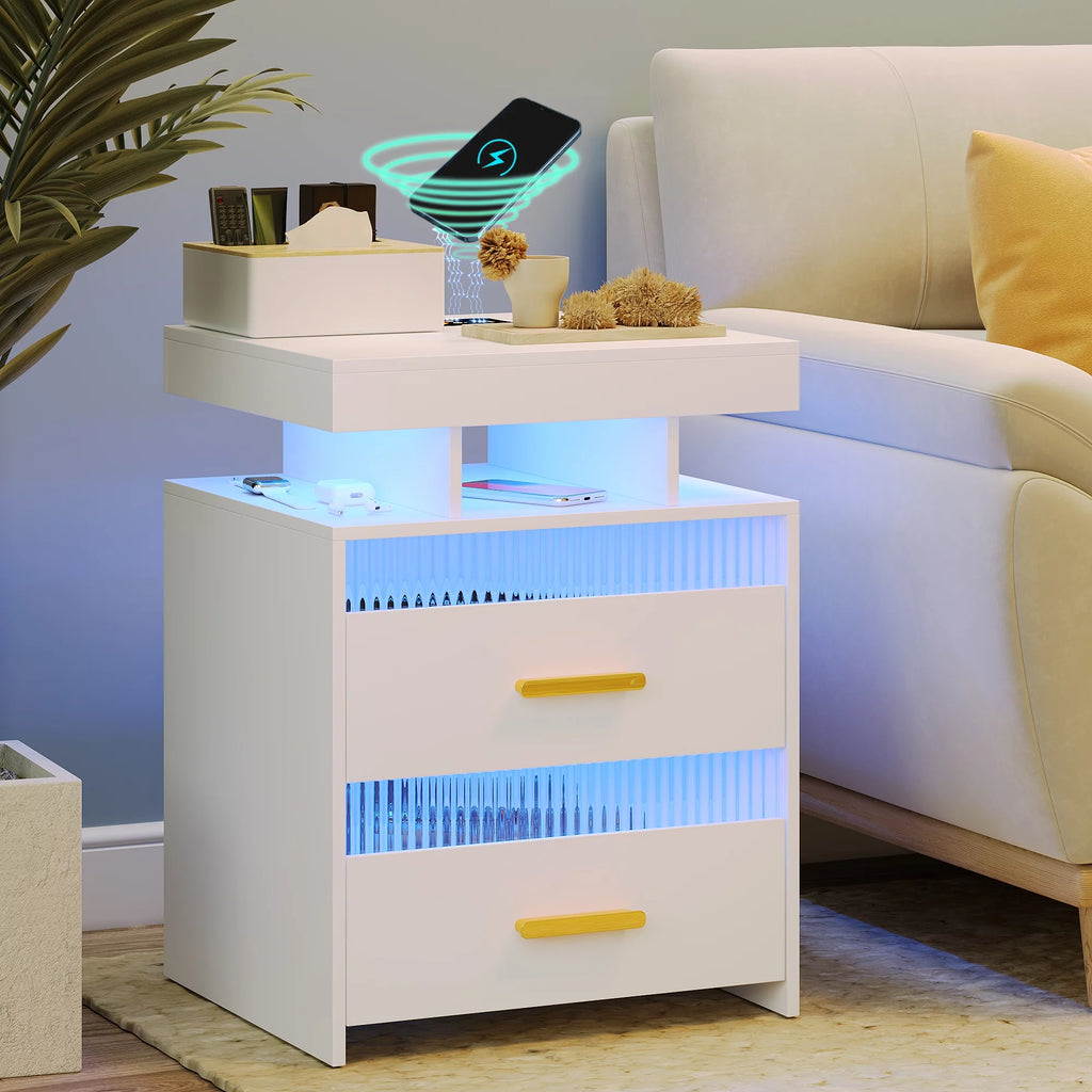 White Modern Nightstand with Wireless Charging Station and USB Port M258796