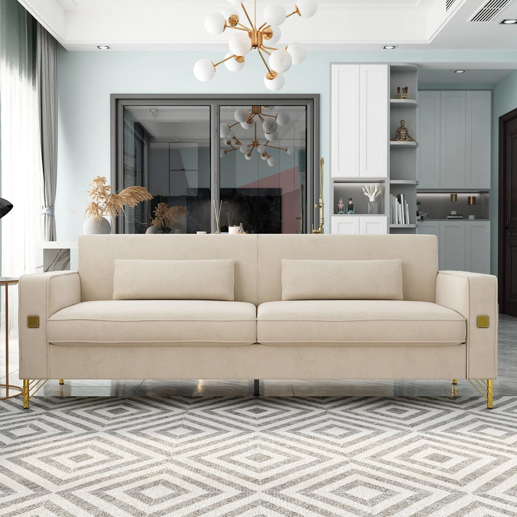 Orange Velvet 3-Seater Sofa with Gold Legs Q617