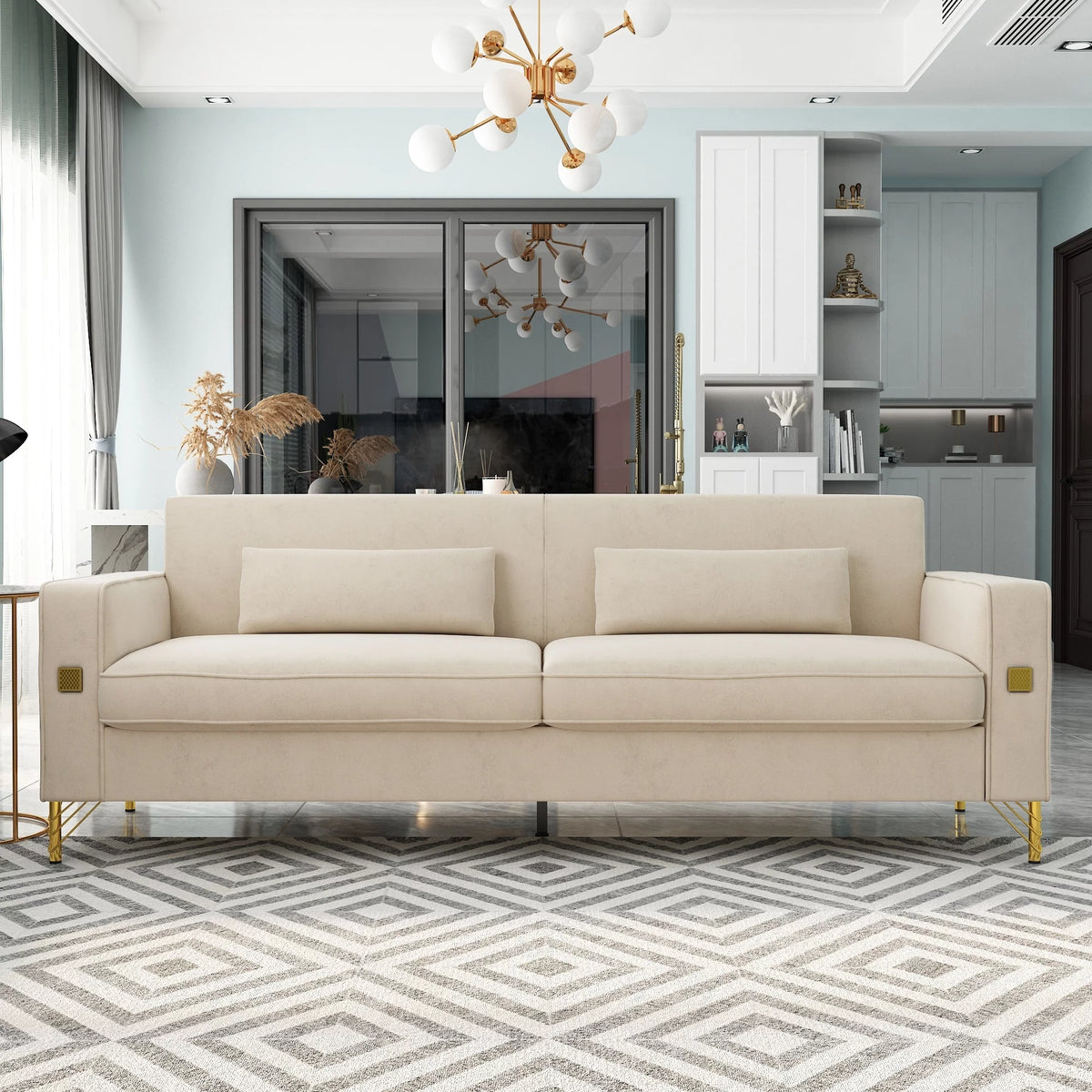 Orange Velvet 3-Seater Sofa with Gold Legs Q617