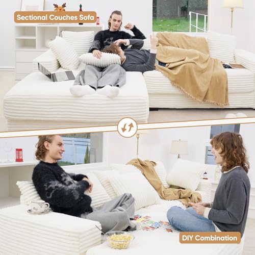 Beige Reversible Corduroy L Shaped Sectional Couch with 8pcs Pillows D273775