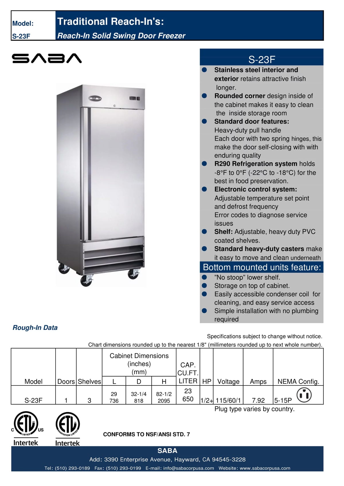 23 cu ft Stainless Steel Upright Reach-in Freezer Q421
