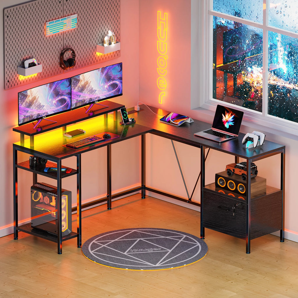 Black L Shaped Desk with Power Outlets & LED Lights O6457