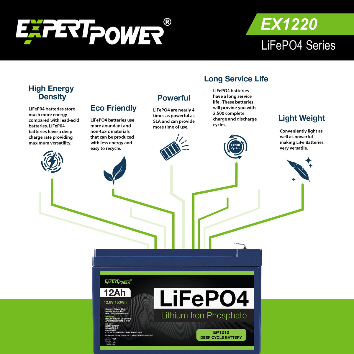 12V 12Ah Lithium LiFePO4 Deep Cycle Rechargeable Battery D13894