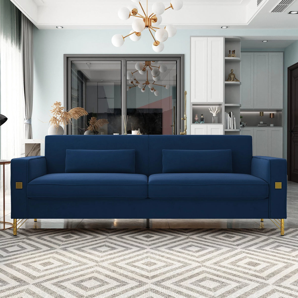 Orange Velvet 3-Seater Sofa with Gold Legs Q617