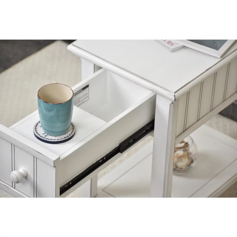 White Wood Chairside Table with Lower Shelf I25842