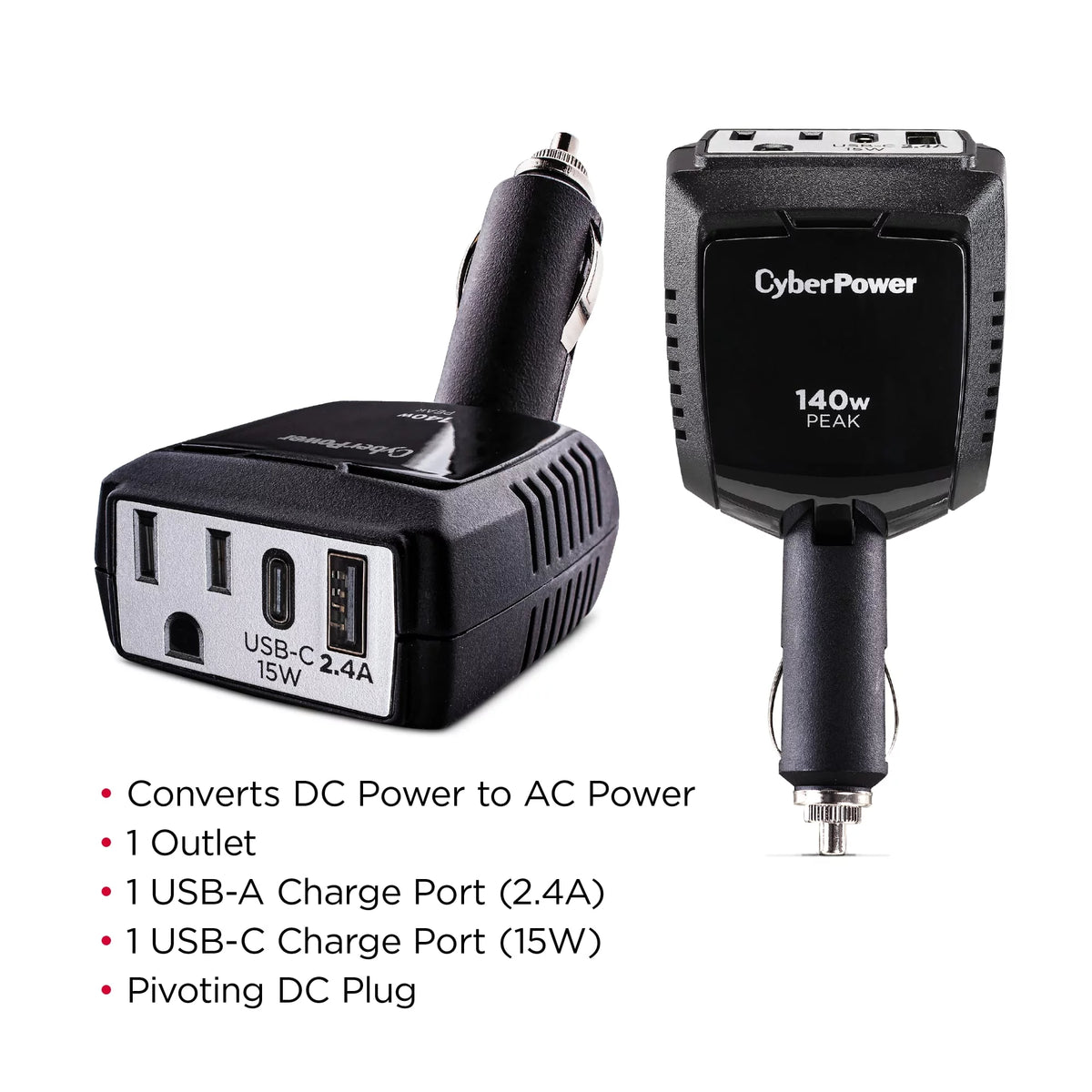 1 Outlet 140 Watt Power Inverter with USB-C & USB-A Port J925460