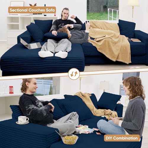Beige Reversible Corduroy L Shaped Sectional Couch with 8pcs Pillows D273775