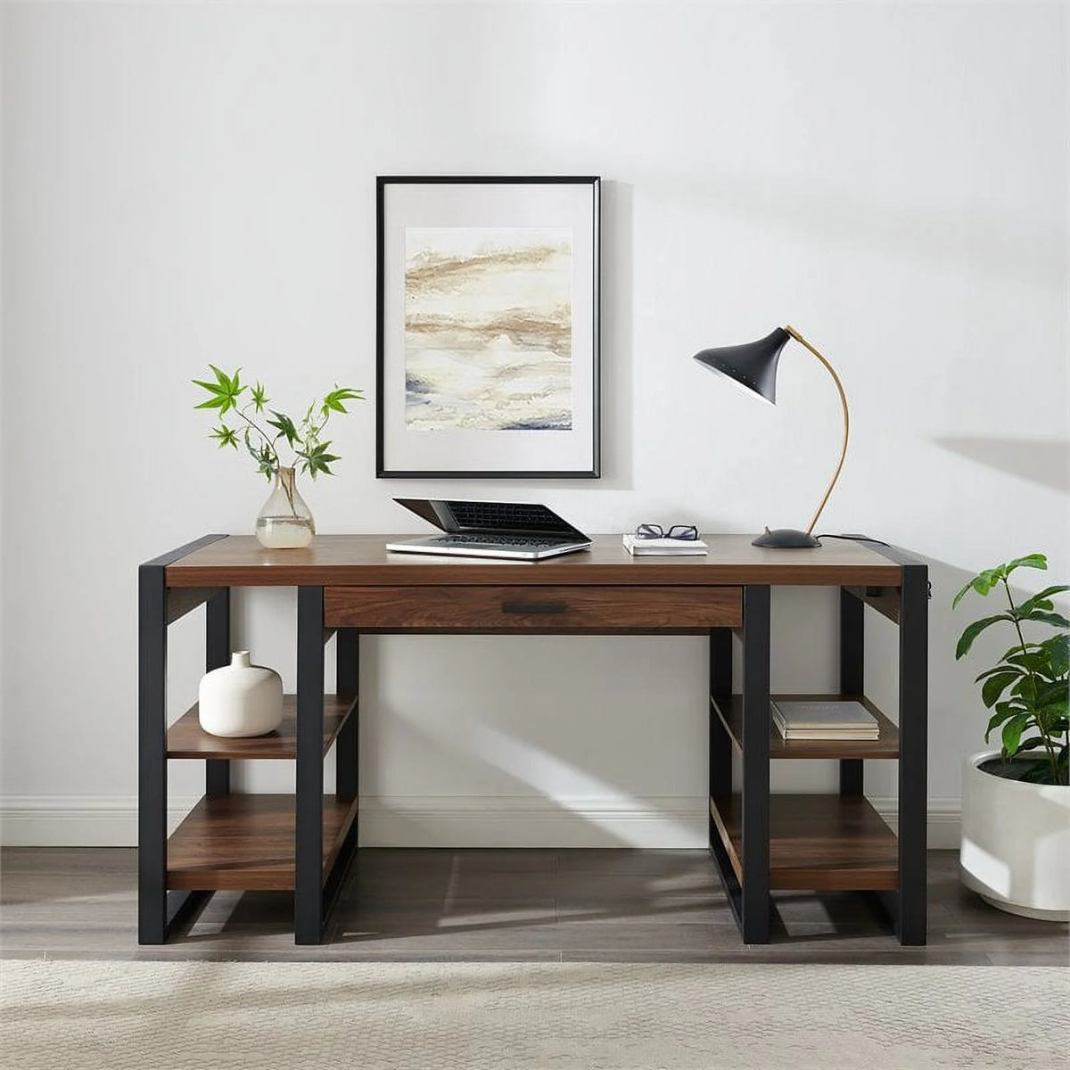 60" Industrial Wood Computer Desk in Dark Walnut Z483