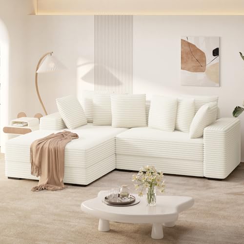 Beige Reversible Corduroy L Shaped Sectional Couch with 8pcs Pillows D273775