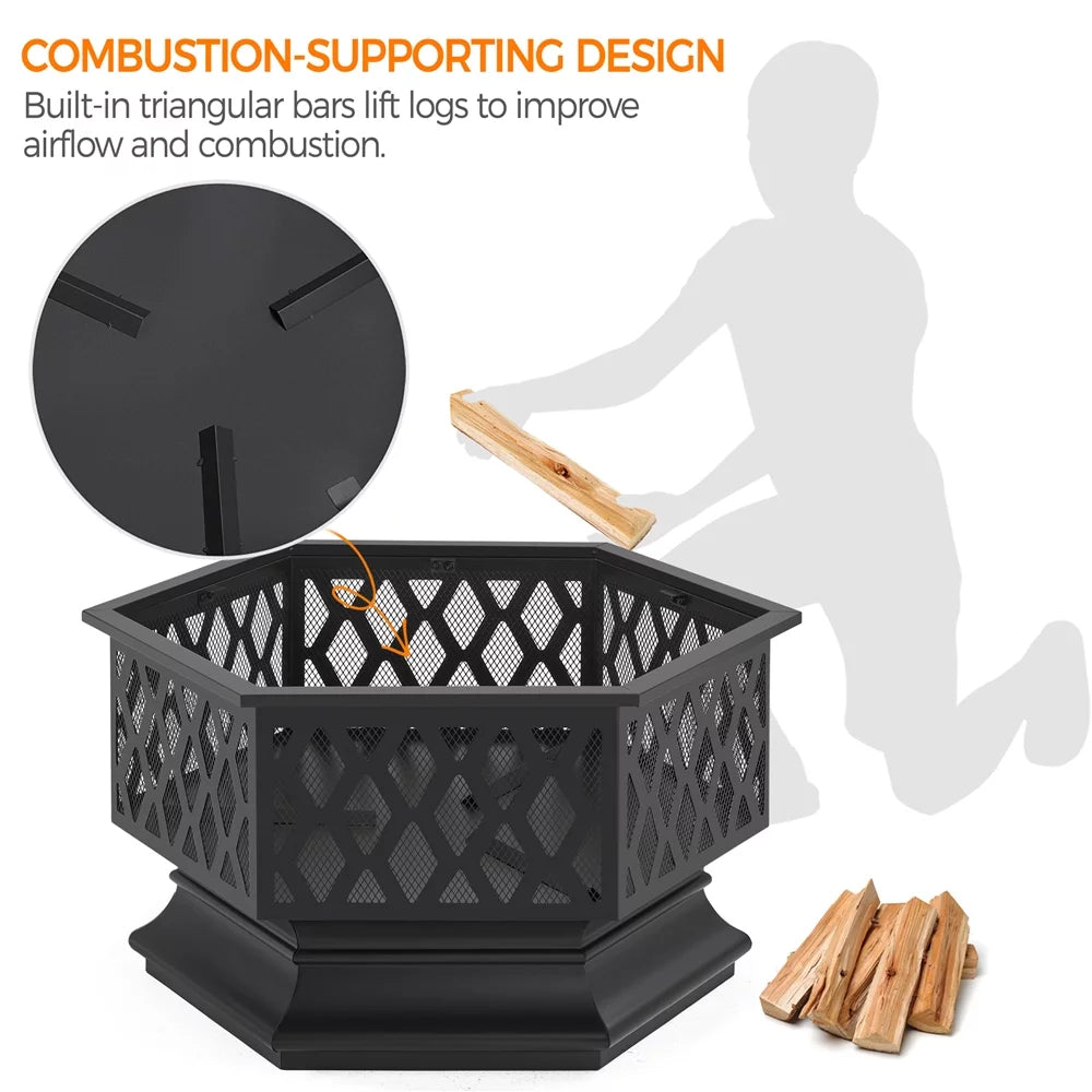Black Hex-Shaped Steel Wood Burning Fire Pit with Spark Screen & Fire Poker H309344