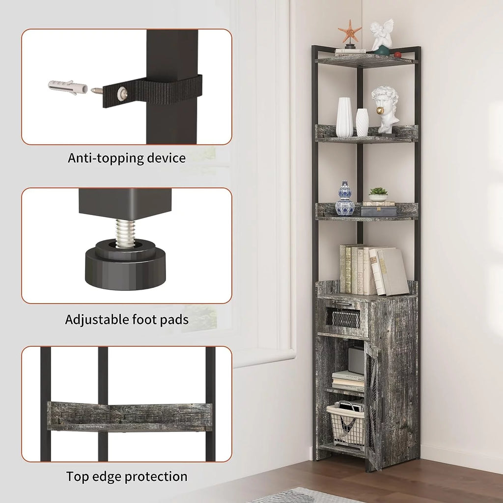 Grey 7-Tier Corner Cabinet with Drawer X737856