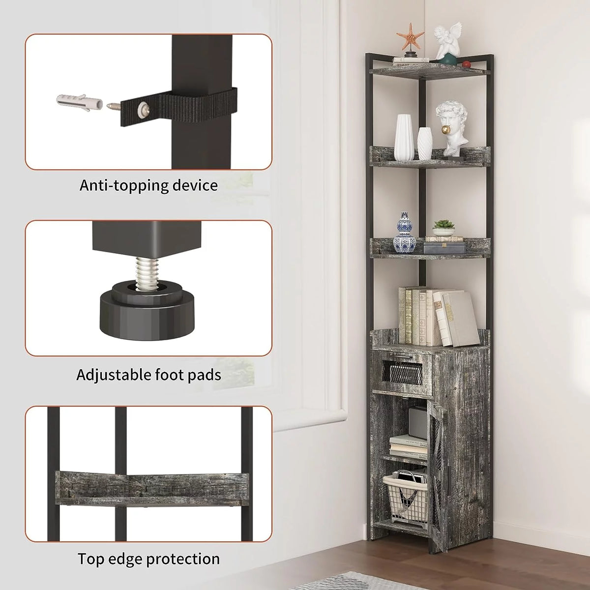 Grey 7-Tier Corner Cabinet with Drawer X737856