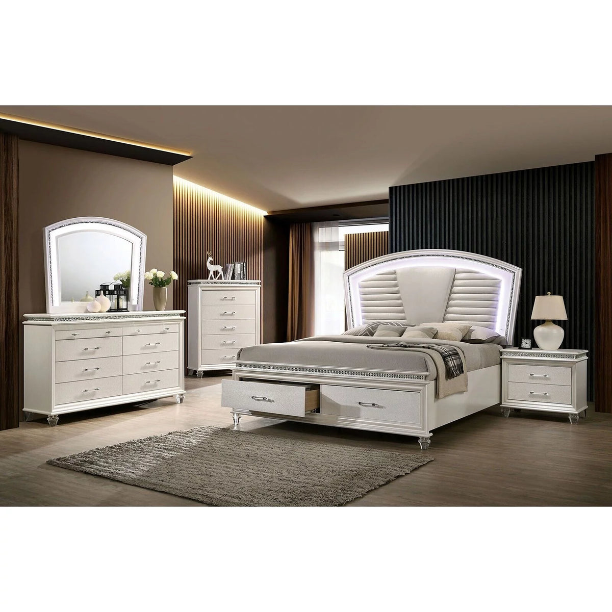 Pearl White 4pc Queen Size Bedroom Set Dresser Mirror Nightstand H603689