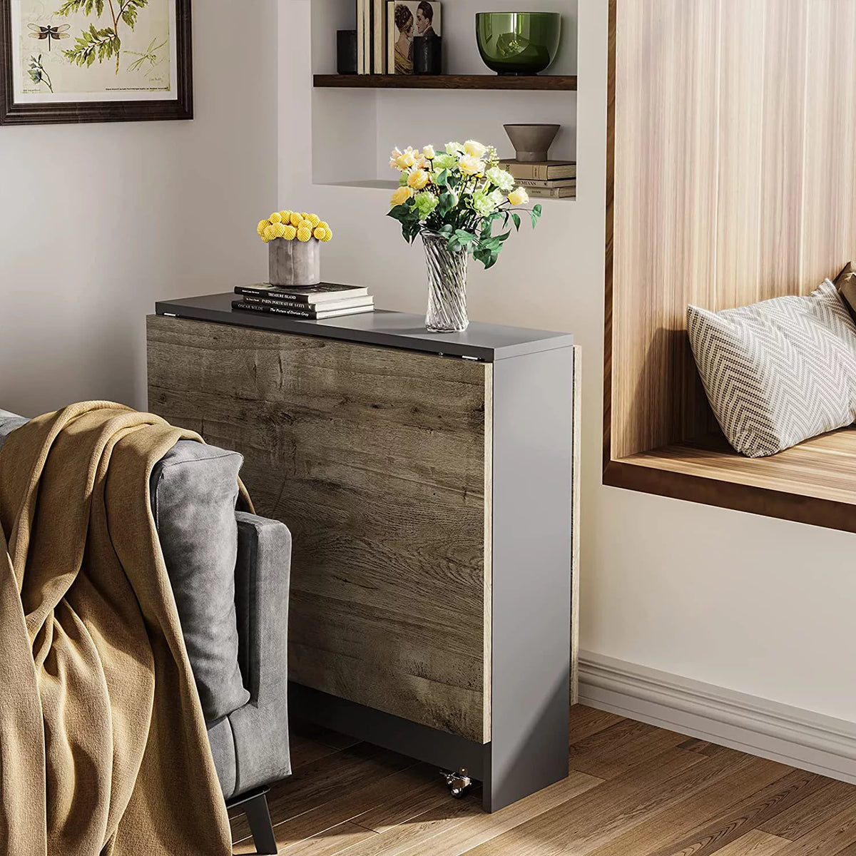 Folding Drop Leaf Dining Table with 6 Wheels and Storage Shelf N8613