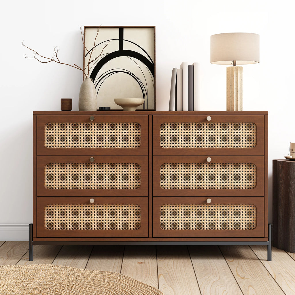 Walnut 2-Drawer Rattan Wood Side Table L147