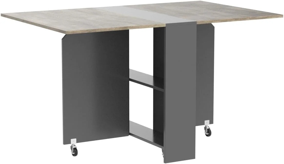Folding Drop Leaf Dining Table with 6 Wheels and Storage Shelf N8613