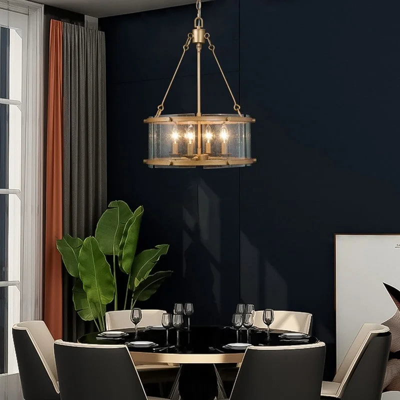 Mid-century Modern 4-light Drum Chandelier Seeded Glass Fixture J257