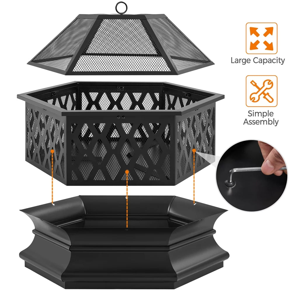 Black Hex-Shaped Steel Wood Burning Fire Pit with Spark Screen & Fire Poker H309344