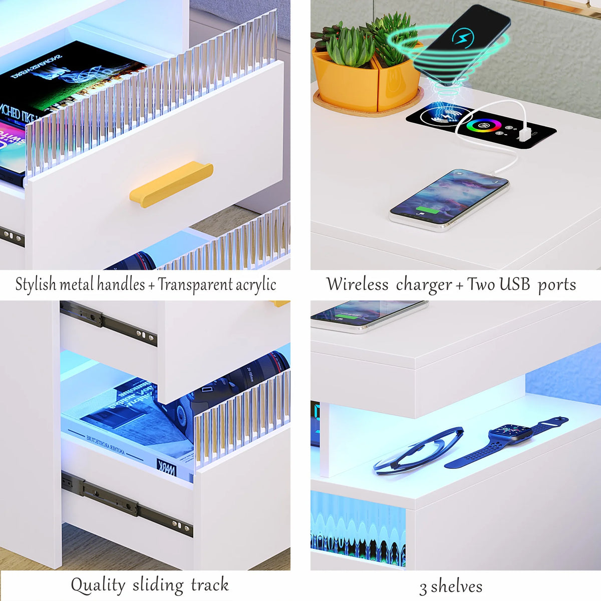 White Modern Nightstand with Wireless Charging Station and USB Port M258796