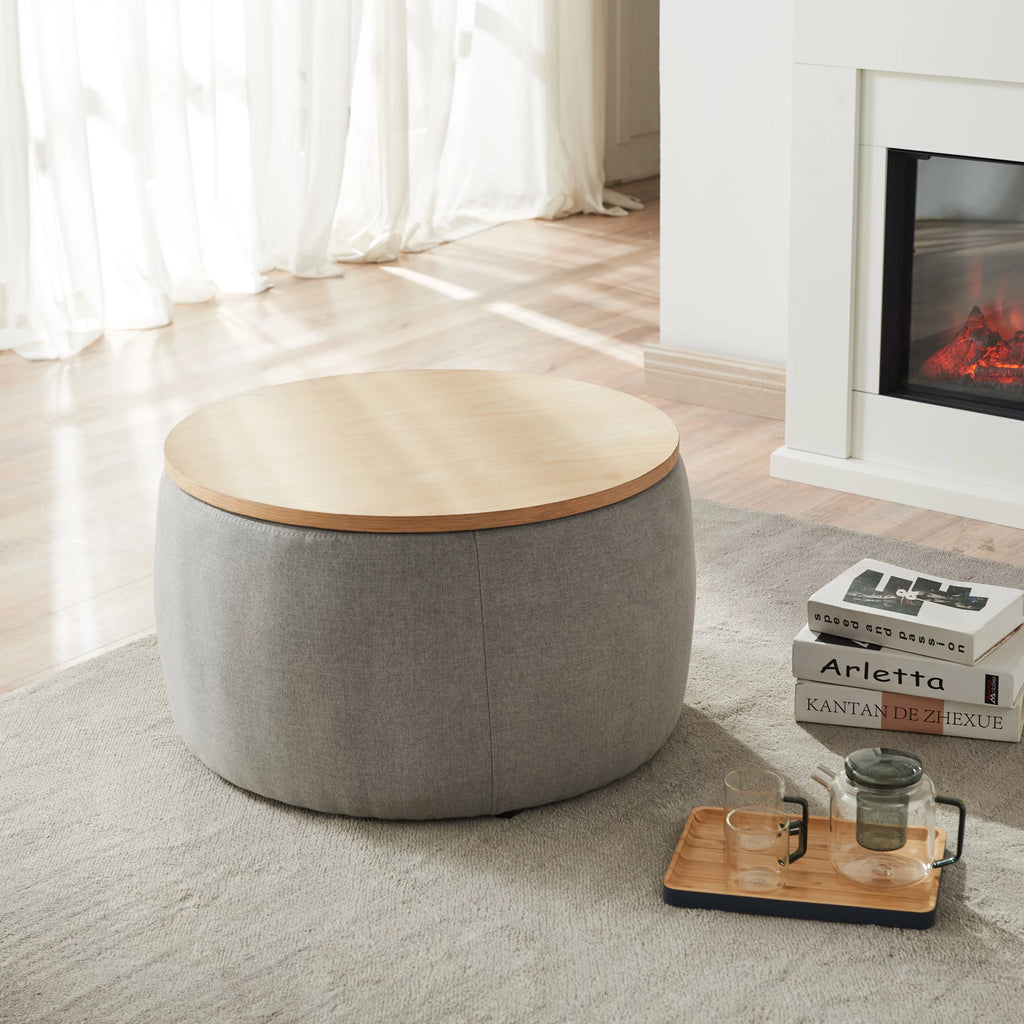 Grey Round Storage Ottoman with Wood Tray G947037
