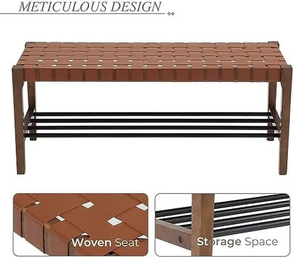 Rustic Wood 45 Inch Woven Bench with Metal Shoe Rack H35086